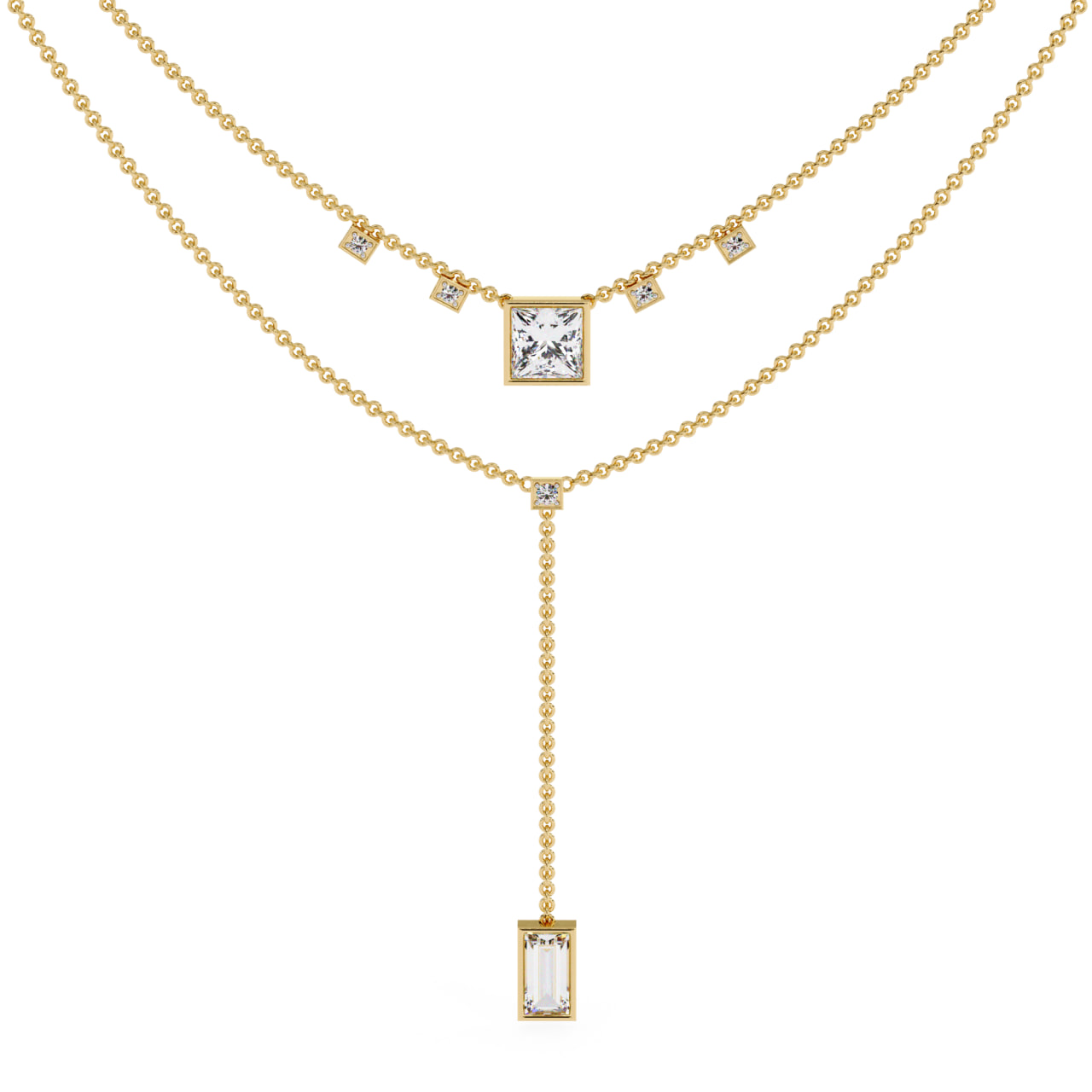 Layered Princess Diamond Y-Necklace with Baguette Drop